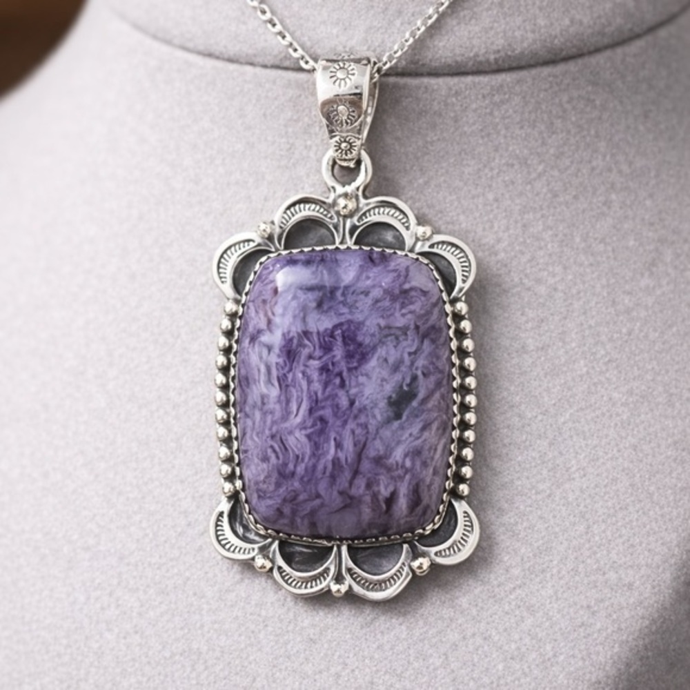 Natural Charoite 925 Silver Pendant – Silk Patterned Stone Purple Gemstone #557